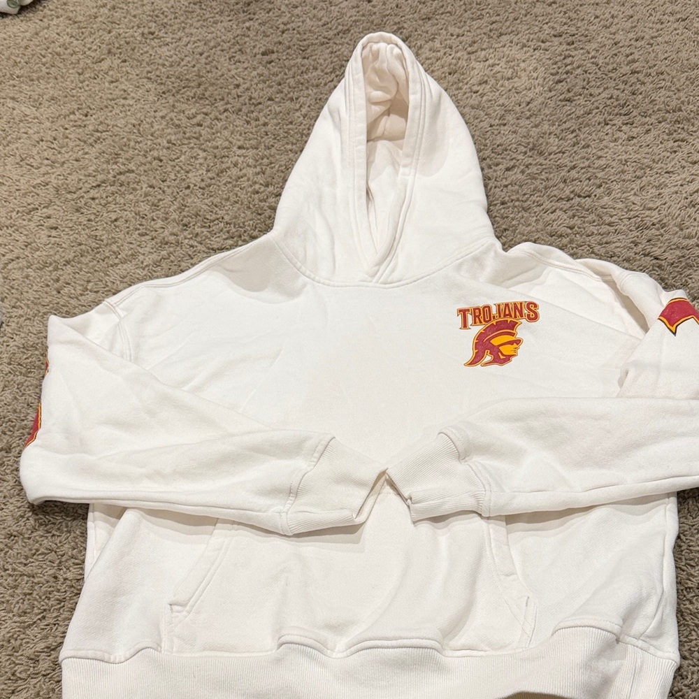 Cream  Trojans Hoodie with Red and Yellow Logo mens small